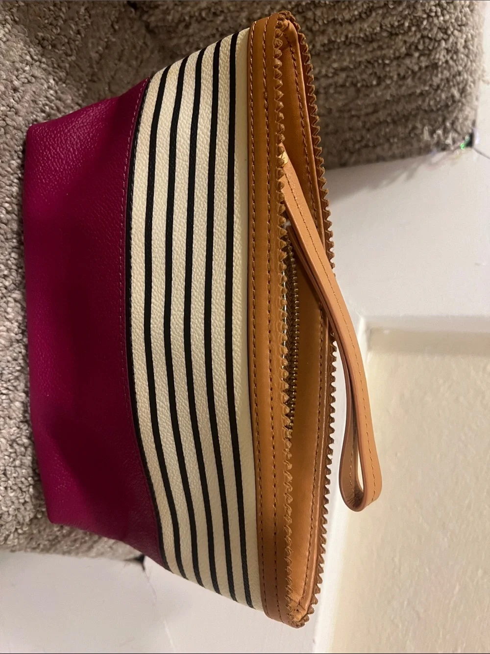 Striped Magenta Wristlet Pouch with Tan Accent